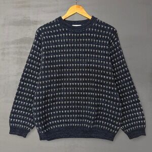 Vintage 90s David Taylor Chunky Sweater Blue Geometric Knit Grandpa Retro Large